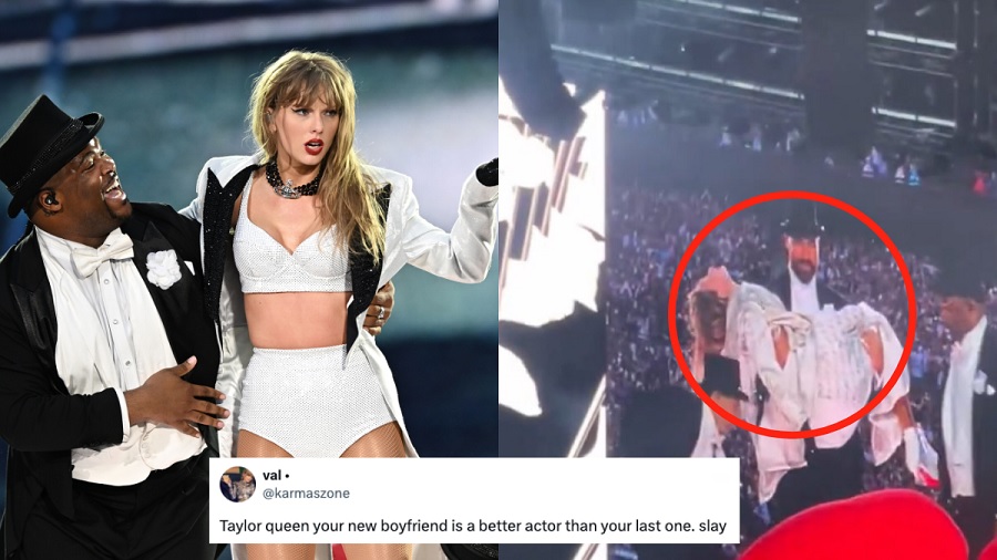 Travis Kelce and Taylor Swift onstage at Eras Tour in London