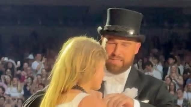 Travis Kelce and Taylor Swift onstage at Eras Tour in London
