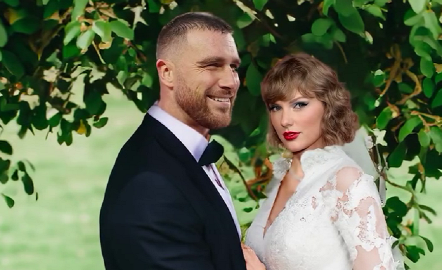 Travis Kelce and Taylor Swift in wedding dress