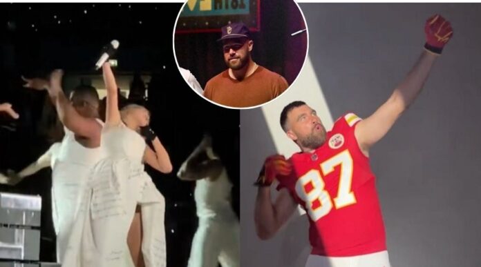 Travis Kelce and Taylor Swift doing the Archer move