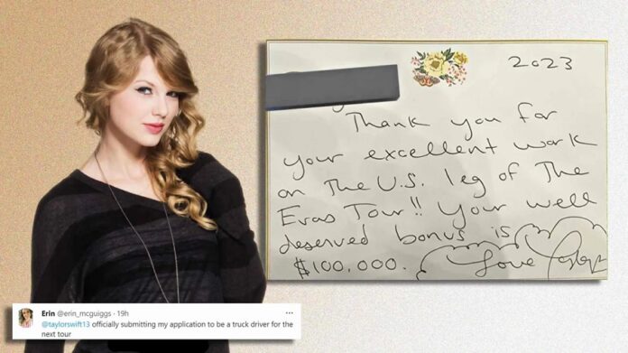 Aside from $100,000 worth of bonuses each to her truck drivers, Taylor Swift has given them handwritten letters that were delivered personally by her father