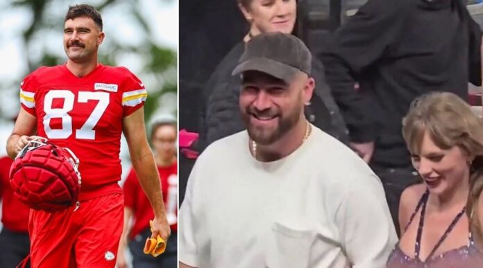 Travis Kelce with the new mustache and Taylor Swift