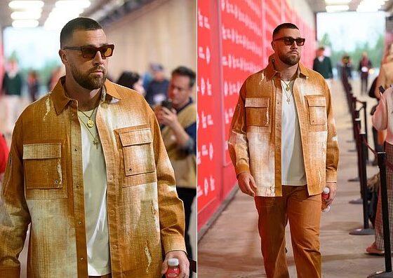 Just days after his breakup with Taylor Swift, Travis Kelce wears a striking orange outfit as he arrives for the Chiefs vs. Commanders — looking depressed and exhausted.